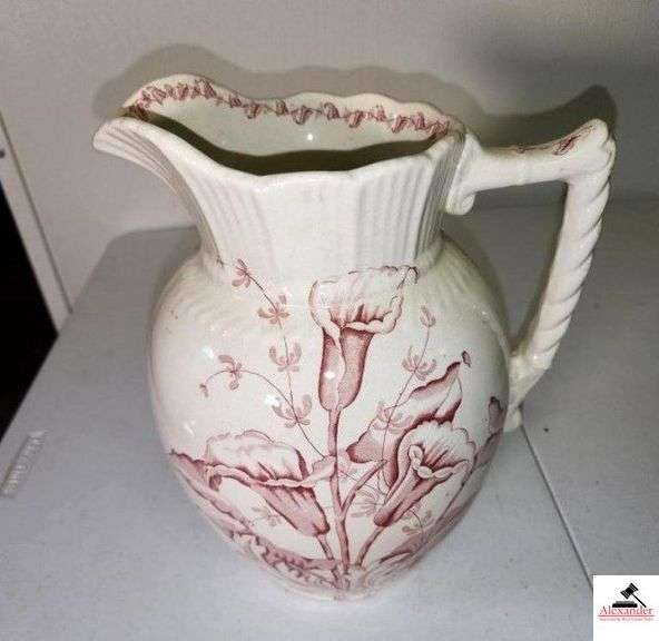 VINTAGE WATERSTONE WATER PITCHER HANDPAINTED FLOWERS - LINE CRACKS ON BOTTOM - ROPE STYLE HANDLE - (UPSTAIRS) image