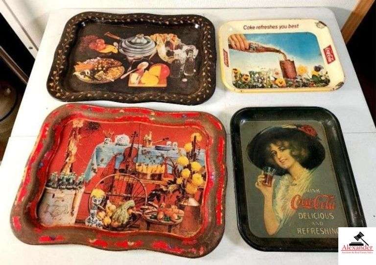 (3) COCA-COLA TRAYS PIC OF WOMAN IN HAT "DRINK COCA-COLA DELICIOUS AND REFRESHING" - LIGHT PITTING IN SPOTS - SHOWS SOME WEAR - APPEARANCE IS OLDER - "COKE REFRESHES YOU BEST" WHITE & YELLOW TRAY - (2) TV TRAY TOPS - ONE WITH FRUIT PAINTED ONE WITH COCA-COLA - COKE TRAY IS VERY DATED AND SHOWS RUST (UPSTAIRS) image