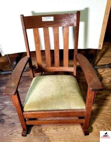 OAK SLAT BACK ROCKER - UPHOSTERY SPRING SEAT - ARM SHOWS SOME WEAR - (HOUSE) image