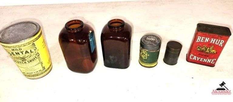 DENTAL SCOTCH SNUFF CAN  "PRESERVES ITS FLAVOR" 2 LEVI GARRETT & SONS TOBACCO SCOTCH & RAPPEE SNUFF BOTTLES -(1 WITH PARTIAL LABEL - DENTAL SWEET SNUFF TOBACCO CAN - AMERICAN SNUFF BOTTLE  - BEN-HUR CAYENNE PEPPER TIN - (BK BEDROOM) image