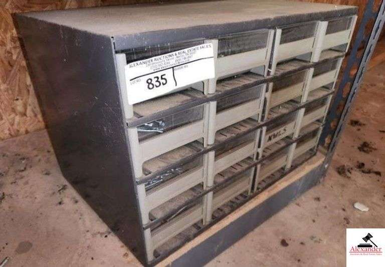 (16) DRAWER CABINET -CHAIN SAW FILES -BOLTS SCREWS  - WASHERS - NAILS -  LOTS OF INVENTORY (SHOP) image