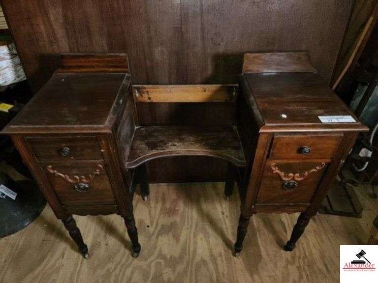 DREPRESSION ERA DRESSER MIRROR IS DISASSEMBLED - DRESSER SHOWS WEAR - FINISH IS WORN - HAS TRIMWORK ON DOORS - TWO DRAWERS ON EACH SIDE - DRESSING STYLE FOLDING MIRROR - MIRROR NEEDS CLEANING AND SHOWS A FEW DARK SPOTS - (UPSTAIRS) image