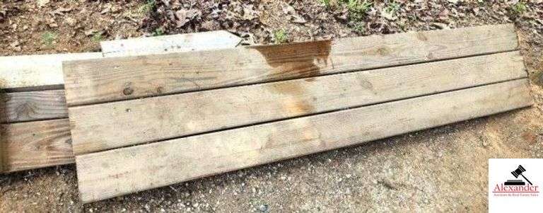 TRAILER SIDE BOARD (3) EXTRA 2X6 - 8FT, 3 PLANK WALK BOARD - APPEARS TREATED - PAIR OF WOOD SAW HORSES - PLYWOOD 1 X 4'S & 1 X 6'S - 2X12 & 2X6 WOOD (IMP. SHED) image