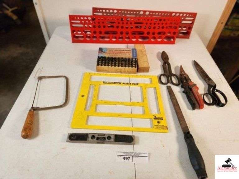 COMBINATION SET OF IDENTIFICATION TOOLS A-Z, 0-9 " 1/8" REUSABLE STEEL STAMPS - TIN SNIPS - LARGE SCISSORS - CUTTORS - SMALL SAW - LUMBER LOCK PLATE VISE - TWO PLASTIC TOOL HOLDERS - (TRAILER) image