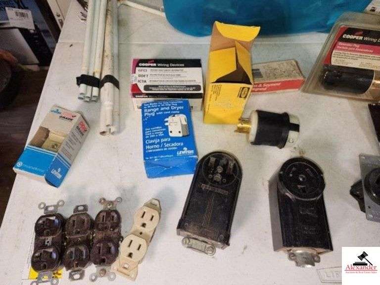 BRAUN 4FT DUAL LED LINKABLE SHOP LIGHT 5,500 LUMENS - NEW IN BOX - LITTLE METAL STANDS - AMFLO MULTI-PURPOSE PVC AIR HOSE 50' X 3/8" (NEW) - TUB OF 220 PLUGS - PLUG-INS - COOPER WIRING DEVICES - METAL AND PLASTIC ELECTRIC OUTLET COVERS - NEW & USED PARTS - RANGE AND DRYER PLUG WITH CORD CLAMP - (2) ALUMINUM & VINYL DOOR SEALERS (UPSTAIRS) image