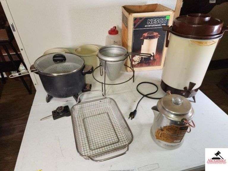 NESCO 42 CUP AUTOMATIC PERKOLATOR COMET 9-CUP BBQ ALUMINUM PERKOLATOR - JUICER - COLLANDER - DEEP-FAT FRIER WITH CONNECTION, CORD IS MISSING - PLASTIC BOWLS - METAL COOLING BASKET (UPSTAIRS) image