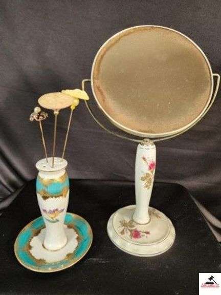 LIMOGS CHINA HAT PIN HOLDER WITH THREE HAT PINS - DRESSER MIRROR WITH CHINA BASE - (HALL) image