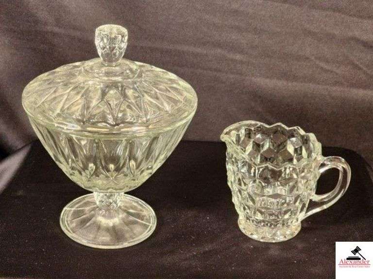 VINTAGE LEADED GLASS COMPOTE DISH , PESDESTAL BASE AND FOSTORIA STYLE CREAMER (IN HALL) image