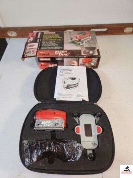 CRAFTSMAN 4 IN 1 LEVEL FEATURING LASER TRAC AMERICAN LEVEL - BRASS AND WOOD - COMES WITH CASE AND OWNERS MANUAL (TRAILER) image