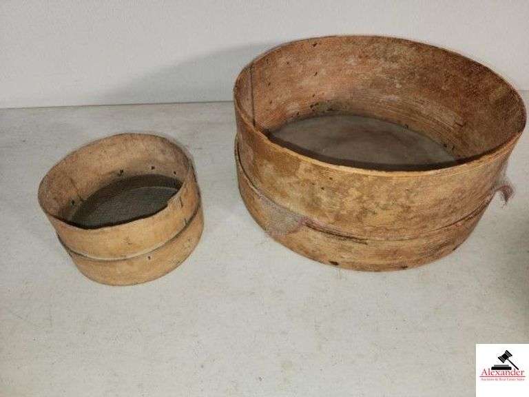 (2) OLD BRENTWOOD SIEVE WOOD & WIRE FARMHOUSE SIFTER - (VERY RUSTY) - SHOWS WEAR - EDGES HAVE USE WEAR - 1 SMALL 6 1/2"  - 1 LARGE 13" - (NW BEDROOM) image