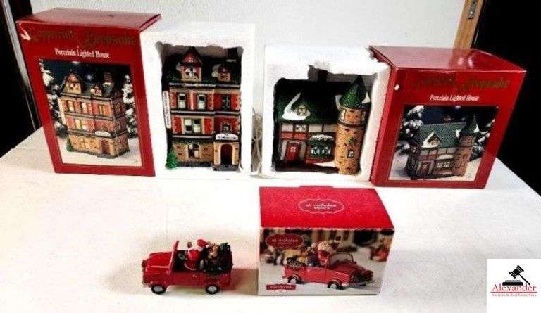 (2) COPPERFIELD KEEPSAKE PORCELAIN LIGHTED HOUSES BOOKSTORE CAFE, THE CHRISTMAS STORE & BEER GARDEN - ST. NICHOLAS SQUARE VILLAGE COLLECTION - "SANTA'S NEW RIDE" 2019 - (UPSTAIRS) image
