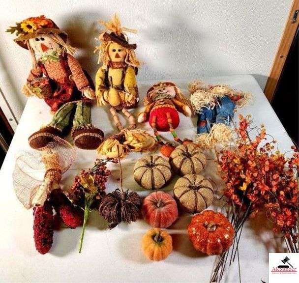 FALL DECORATIONS STUFFED SCARCROWS - PUMPKINS - FAKE CORN HUSKS - FALL FLOWER DECOR - COMES WITH BLUE TOTE - (UPSTAIRS) image