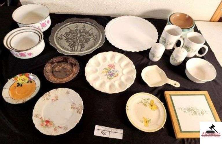 CLEAR PLATTER JENNETTE GLASS IRIS MILKGLASS CAKE PLATE - PAINTED EGG PLATE - PINK DEPRESSION SAUCER - PLASTIC BOWLS - CUPS - S&P SHAKERS - TRIVIT PLATE - METAL PAINTED MIXING BOWLS - MISC ITEMS - (GARAGE) image