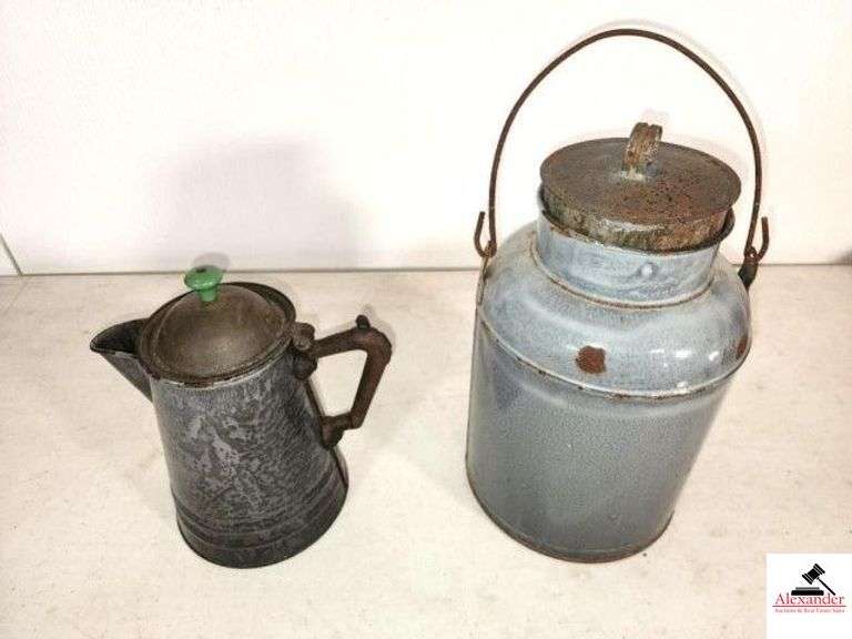 ANTIQUE ENAMELWARE COFFE POT - (GREEN KNOB-SHOWS WEAR)-VINTAGE GREY ENAMELWARE GREY MOTTLED PAIL - FEW CHIPS  & RUSTY ON TOP  (NW BEDROOM) image