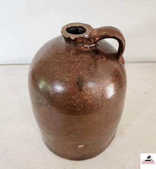 STONEWARE JUG W/ HANDLE - BEEHIVE STYLE - CHIPS ON RIM - PECK IN SIDE - LIGHT CRACK ON BOTTOM - (KITCHEN) image