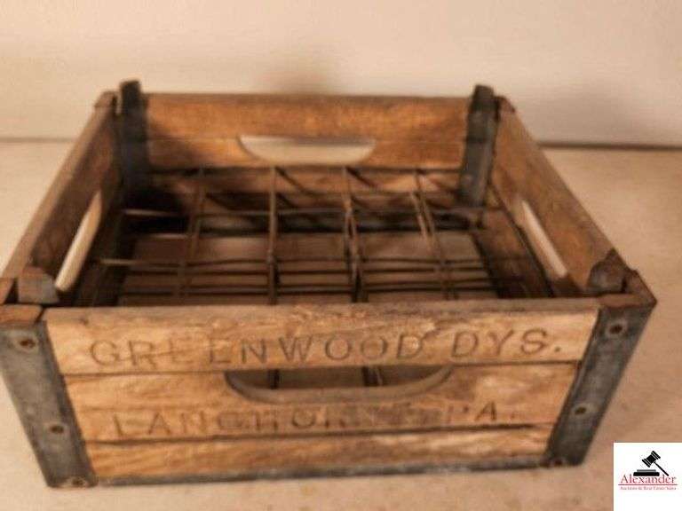 GREENWOOD DYS. LANGHORNE, PA. DAIRY CRATE METAL BASE & CORNERS - WOOD SLATS - WIRE RINGS - HOLDS 25 BOTTLES - GOOD CONDITION - (GARAGE) image