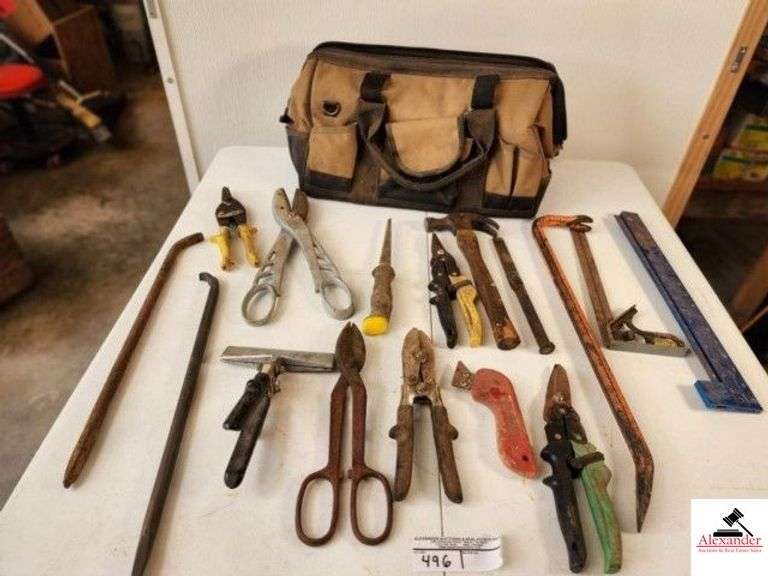 CLC WORKMAN TOOLBAG WITH MISC TOOLS CROWBAR - HAND SQUARE - CLAW HAMMER - CUTTERS - SNIPS - MISC - (SHOP) image