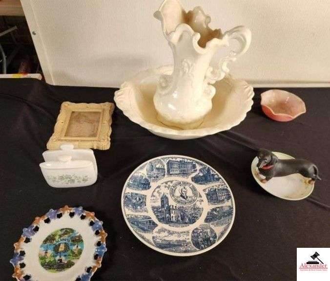 CERAMIC PITCHER & WASH BOWL - MADISON COUNTY, TENNESSEE SESQUICENTENNIAL 1872-1972 PLATE - ALABAMA SOUVENIER PLATE - BLACK DASHUND DOG - NAPKIN HOLDER - "LOVE TO MOTHER" POEM FRAMED - PINK BOWL (GARAGE) image