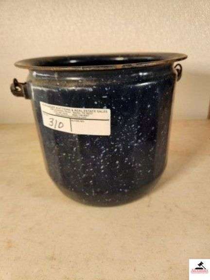 BLUE & WHITE DOT PORCELLIAN BUCKET HAS CHIPS AND USE WEAR - WIRE RAIL AND WOOD HANDLE - (GARAGE) image