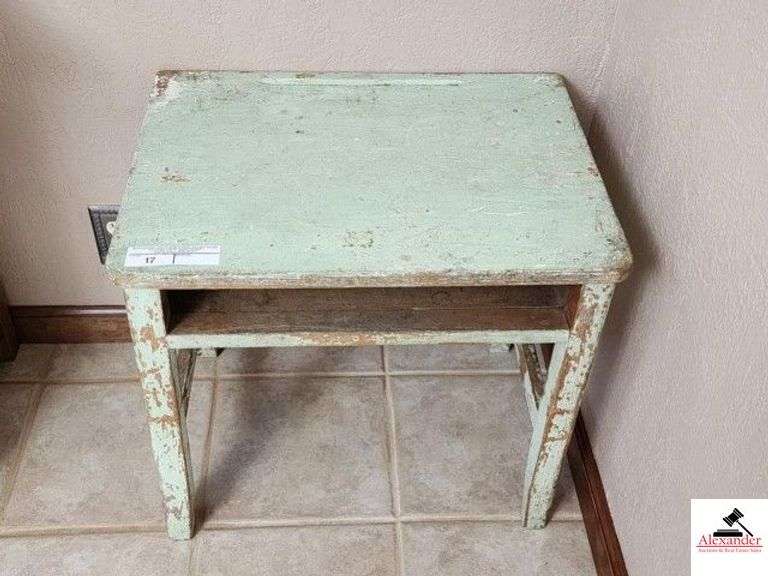 VINTAGE SCHOOL DESK - PAINTED GREEN - PAINT WORN - STORAGE AREA - (KITCHEN) image