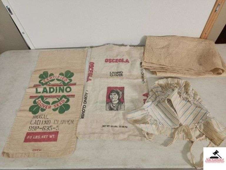 VINTAGE FEED SACKS - LADINO CLOVER SEED - OSCEOLA CLOVER BAG 50 LB.  - VINTAGE SUN BONNET - BURLAP STYLE MATERIAL - (NW BEDROOM) image