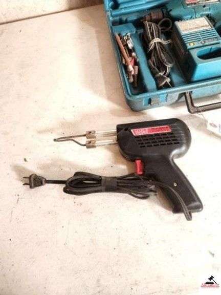 MILWAUKEE DRILL DRIVER 6012HD - CHARGER - BATTERIES DOWN - CONDITION UNKNOWN - HEAT GUN - HOT & COLD - RUNS - WELLER PROFESSIONAL 260/200 WATT SAULDERING IRON - RUNS - (SHOP) image