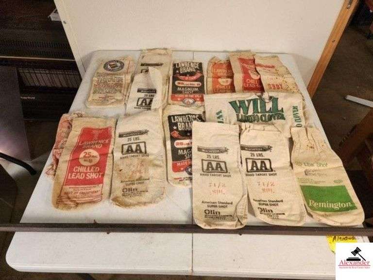 14 VINTAGE LEAD SHOT BAGS - WINCHESTER AA - LAWRENCE BRAND - REMINGTON - WILL LADINO CLOVER BAG - BLACK POWDER RIFLE BARREL - (SHOP) image