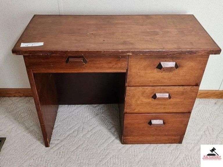WOOD DESK - 38" X 29 1/2" X 17" DEEP - NICE FINISH WITH WHITE WEAR - 4 DRAWERS - (BACK BEDROOM) image