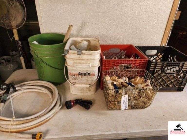 PVC PLUMBING SUPPLIES ELBOWS - T'S - CUTOFF'S - 4 CONTAINERS - METAL WALL STRAPS - HOSE & NOZZLES - (SHED) image