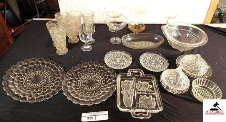 GLASS PLATES & GLASSWARE DIVIDED VEGATABLE DISH - SAUCERS - BUTTER BOWLS - SERVING BOWLS - SUGAR BOWL - CRYSTAL CANDY DISH - GLASSES (GARAGE) image
