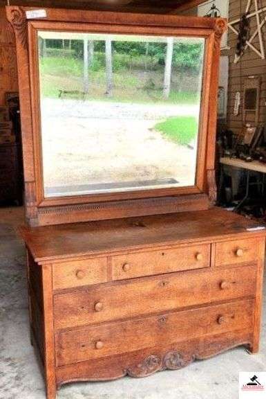 OAK DRESSER WITH MIRROR- 5 DRAWERS -52" X 76" BASE 30" TALL & 35" DEEP - TOP HAS SOME DARK SPOTS - MIRROR HAS BLACK SPOTS INSIDE - VERY HEAVY - LINED WITH OAK PLANKS - LOTS OF GRAIN - NEEDS REFINISHING - TRIM WORK ON CORNERS - ROPE BOARDER - (GARAGE) image