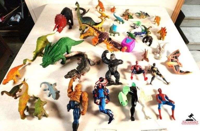 COLLECTION OF EXTINCT ANIMALS - ACTION FIGURES LARGE AND SMALL DINOSAURS - SPIDERMAN - GODZILLA - ETC. - (GARAGE) image