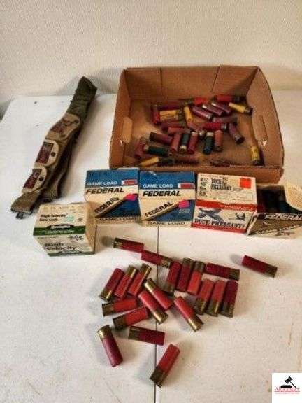 DUCK & PHEASANT 12GA  SHOTGUN SHELLS FEDERAL GAME LOAD SHOTGUN SHELLS - SHELLS MAY BE MIXED SIZES - REMINGTON 20GA 7 1/2 - MIXED 12GA SHELLS - BOX OF LOOSE SHELLS - ARMY STYLE GAME BELT - (SHED) image