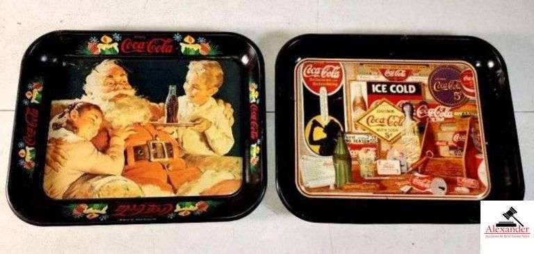 (2) COCA-COLA TRAY SANTA WITH SMALL BOY & GIRL -  MARKATRON, INC. ATLANTA, GA 1981 - LIGHT RUST IN SPOTS - COCA-COLA TRAY HAND PAINTED WITH COCA-COLA COLLECTIBLES (UPSTAIRS) image