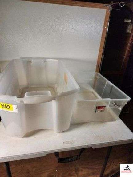 TWO RUBBERMAID TOTES - LARGE & SMALL HAS LARGE GREEN LID - (UPSTAIRS) image