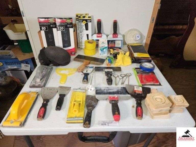 SHEETROCK & PAINTING TOOLS SANDPAPER - KNEE PADS - SCRAPERS - ALL SIZES - NEW & USED - STEEL WOOL - PAINT STIRRERS - BUCKET - 3 NEW PAINT ROLLERS - STEEL WOOL - (UPSTAIRS, NW CORNER) image