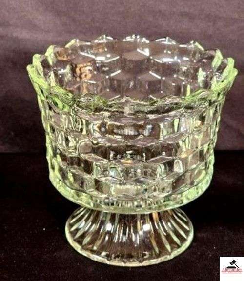 VINTAGE FOSTORIA  AMERICAN  PEDESTAL GLASS TRIFLE BOWL/COMPOTE CUBIST PATTERN 6"  (HALL CHINA CABINET) image