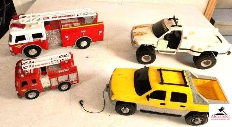 2004 PLASTIC TONKA FIRE TRUCK - BATTERY OPERATED - TONKA FIRE RESCUE TRUCK - WHITE 4X4 BASS PRO SHOP OFF ROAD TRUCK DAIMIAR CHRYSTLER CIRCA 2006 (TAILGATE IS OFF - ONE SIDE DOOR IS OFF, INCLUDED BUT OFF) - PLASTIC CHEVROLET AVALANCHE WITH FRONT WENCH - (GARAGE) image