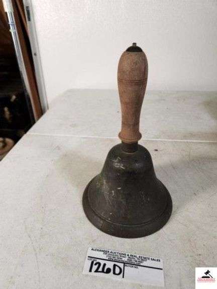 BRASS SCHOOL BELL WITH CLAPPER HAS A SLIGHT CRACK ON THE EDGE - SHOWS SOME WEAR - (UPSTAIRS) image