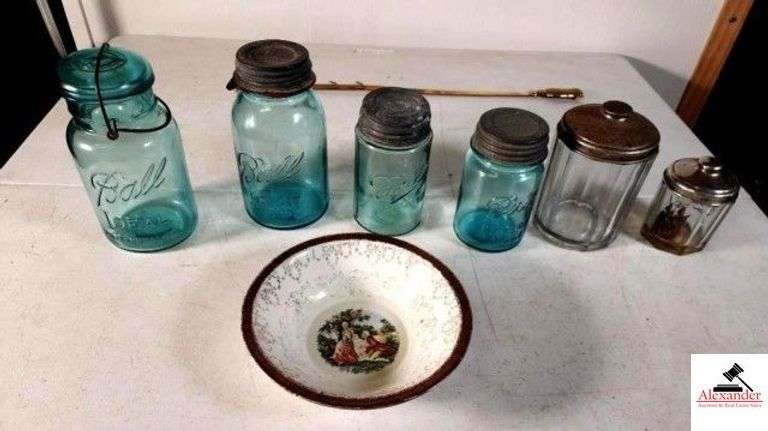 BALL IDEAL BLUE QUART JAR PAT. JULY 14, 1908 WITH GLASS LID AND VAIL #7 - BALL PERFECT MASON QUART - BALL MASON BLUE #3 PINT - BALL PERFECT MASON #10 - 2 ANTIQUE CANISTER JARS - ZINC LIDS ARE TURNED - WARRANTED 22 CARAT GOLD BOWL - BRASS PICTURE HANGER - (UPSTAIRS) image