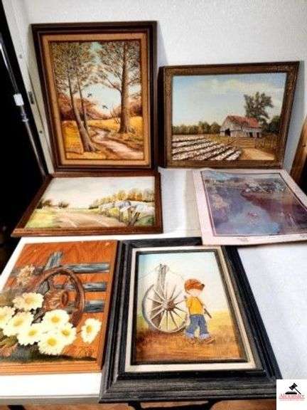 FRAMED PAINTINGS - SIGNED M. JOHNSON FRAMED QUAIL PRINT WITH BARN SCENE - OLD BARN WITH COTTON FIELD SCENE - PAINTING ON CANVAS WITH SMALL BOY WITH WAGON WHEEL - PAINTING ON WOOD WITH WAGON WHEEL WITH DAISYS - PAINTING WITH OLD MAILBOXES - WESTERN PRINT (UPSTAIRS) image