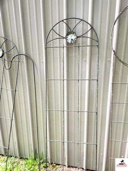 (3) YARD TRELLISES - BUTTERFLIES (2) MATCHING AND ONE OFF - FLOWER OT HANGER - (OUTSIDE BEHIND SHED) image