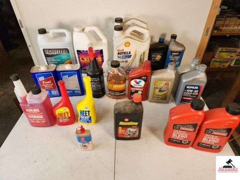 MOTOCRAFT MOTOR OIL SAE 5W-20 SYNTHETIC BLEND - HAVOLINE SAW 30 MOTOR OIL - STA-BIL STORAGE - (2) HEET TREATMENTS - HOWES DIESEL TREAT - VALVOLINE 5W-30 HIGH MILEAGE MOTOR OIL (FULL) - CENEX AUTO GOLD HMO 75000 10W-40 MOTOR OWL - (2) KOHLER SAE 10W-30 SYNTHETIC BLEND ENGINE OIL - TRANS-X SLIP-STOP & LEAK FIX - GALLON SHELL ROTELLA T4 SAE 15W-40 ENGINE OIL - PURPLE POWER CLEANER/DEGREASER - TRAVELLER 50/50 PREDILUTED ANTIFREEZE AND COOLANT - KLEAN STRIP FUEL DENATURED ALCOHOL - KLEAN STRIP ACETONE - FORMULA 88 CLEANER & DEGREASER (SHOP) image