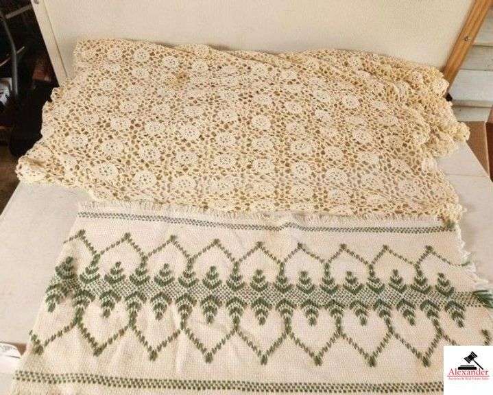 CROCHET CLOTH - HAS SOME SPOTS - RUNNER TABLE CLOTH - ROUND TABLE CLOTH - HAS SOME SPOTS, NEEDS CLEANING - BLANKET - (GARAGE) image