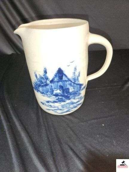 P. R. STORIE POTTERY 9 1/2" PITCHER WITH HANDLE - COBALT BLUE COUNTRY BARN SCENE - (KITCHEN) image