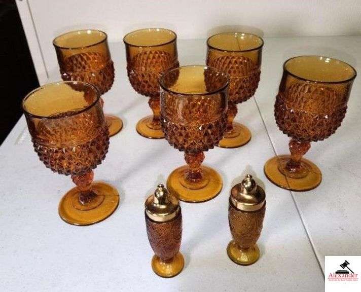 VINTAGE INDIANA GLASS - WHITEHHALL - AMBER  GLASSES (6) DIAMOND PATTERN - VINTAGE YELLOW GOLD AMBER SALT & PEPPER SHAKERS (UPSTAIRS) ) image