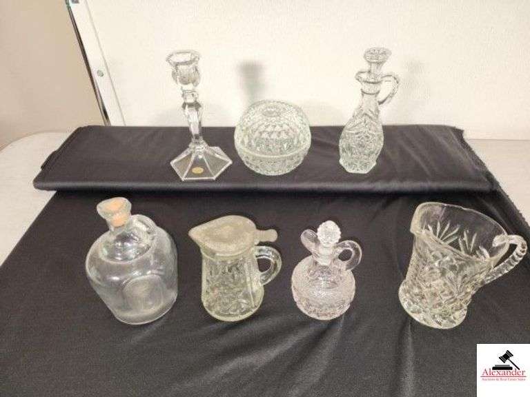 VINTAGE GLASS PITCHER JAR - DIAMOND WITH EYE # 22 HANDLE & SPOUT PRESSED GLASS SPYRUP PITCHER WITH METAL LID (WORN) - PRESS GLASS PITCHER WITH STOPPER - PRESS GLASS CREAMER -  GLASS CRUETS  WITH STOPPER ( STOPPER IS CHIPPED)  - VINTAGE PRESSED GLASS CANDLE STICK - GLASS HAIR RECEIVER  -( NW BEDROOM) image