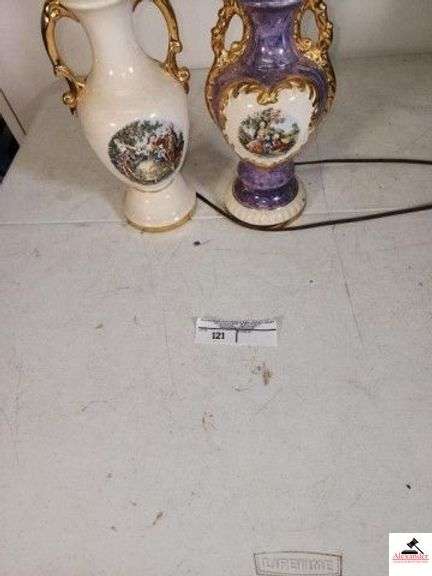 (2) HURRICANE STYLE LAMP BASES PORTRAIT PAINTINGS ON BASE - HURRICANE STYLE LAMP WITH CLEAR FONT - AMBER SHADE - NO CHIMNEY - ELECTRIFIED LAMP - BRASS PEDESTAL - NEEDS CLEANING - (UPSTAIRS) image
