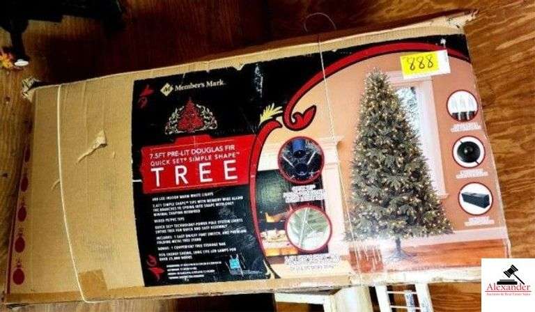 MEMBERS MARK 7.5FT PRE-LIT DOUGLAS FIR XMAS TREE QUICK SET - SIMPLE SHAPE - LED INDOOR WARM WHITE LIGHTS - SIMPLE SHAPE TIPS WITH MEMORY WIRE ALLOW THE BRANCHES TO SPRING INTO SHAPE WITH ONLY MINIMAL SHAPING REQUIRED - ENTIRE TREE HAS NOT BEEN VERIFIED - BOX APPEARS FULL - HAS STAND - (UPSTAIRS) image
