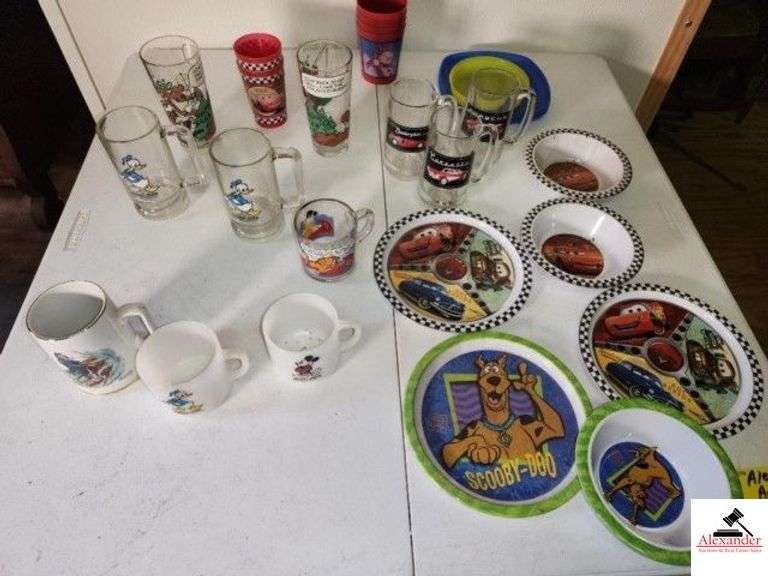 COLLECTION OF DISNEY CUPS, MUGS, & DISHES -  DONALD DUCK COFFEE CUPS - MICKEY MOOURE COFFEE CUP - NORMAN ROCKWELL HANDPAINTED MUG - GARFIELD COLLECTIBLE COFFE CUP - PIZZA HUT GLASS - ROCKY & BULLWINKLE GLASS - 3 image
